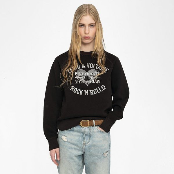 25ss zadigevoltaire Early Fall Designer Cotton Hoodie Sweatshir New Classic Letter Heart Print Brown Women's Casual Crew Neck Loose Pullover Hooded Sweaters Tops tn