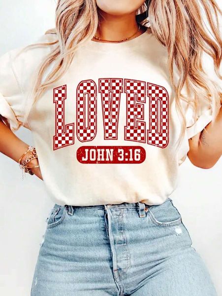 Plus - Size Religious Trendy Tee, Short - Sleeve with “LOVED JOHN 3:16” Checkered Design