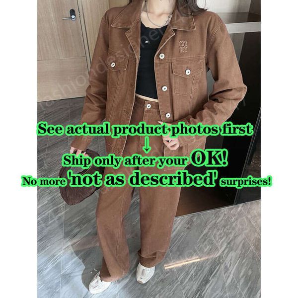Luxury Designer Women's Denim Tracksuit Set Lapel Embroidery Miulogo Button Fro…