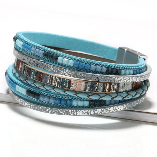 Bohemian handmade woven multi-layer leather wrapped bracelet, women's alloy magnetic buckle, crystal beads, cuff jewelry, multi-color holiday gift