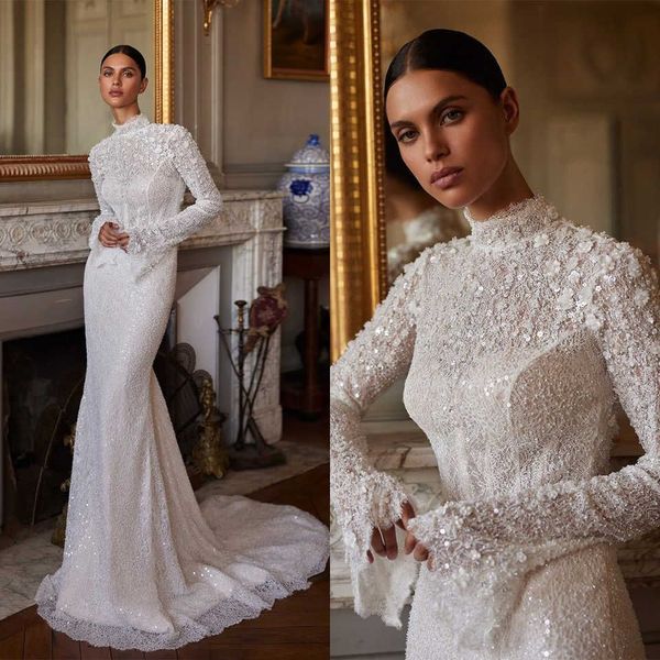 Sparkly Mermaid Wedding Dress Appliques Bridal Gowns Flowers High Neck Bride Dresses Lace Backless Long Sleeves Custom Made Plus Size Vestido de novia N04
