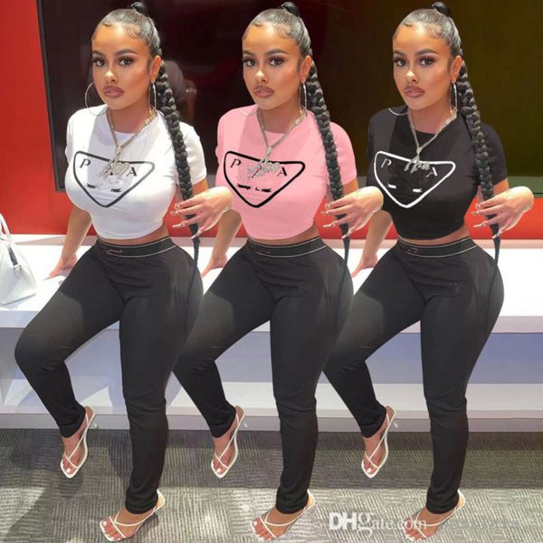 Designer Tracksuits Casual Two Piece Set Autumn New Fashion Round Neck Short Sleeve T-shirts Leisure Tshirt Top Tight Pants Sets 3 Colours