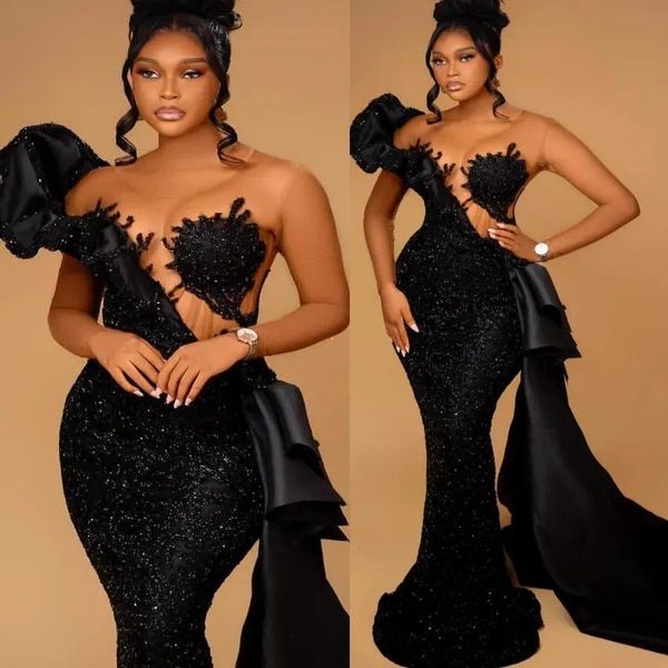 Mermaid Black Prom Dresses 2026 Beaded Sequined Sheer Neck Evening Formal Party Second Birthday Engagement Gowns Plus Size Dress For Special Occasions Youmaidre