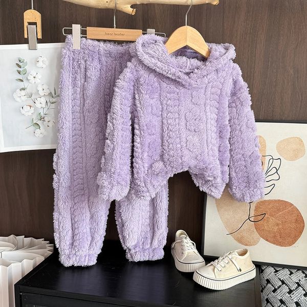 Baby Girl Clothes Purple Plush Jacquard TopPants 2-piece Set for Autumn and Winter Home Kids Casual Pajamas 3-7 Years Old 251105BJ