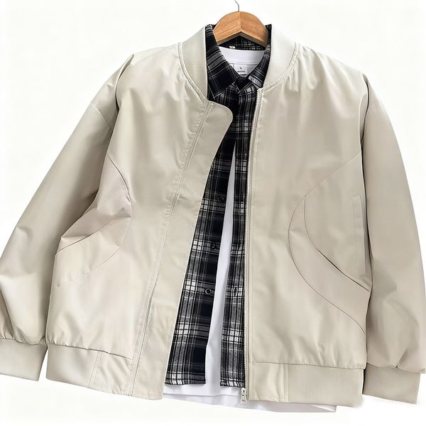 Men's Casual Shirts Men's Beige Bomber Jacket With Plaid Shirt Layered Style - …