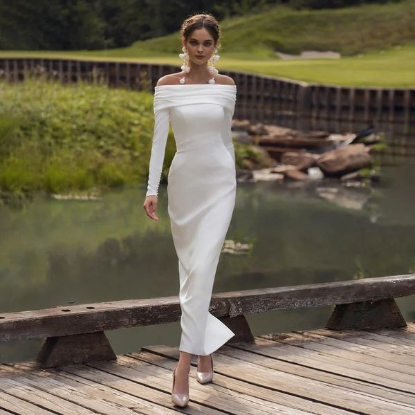 Boho Simple Sheath Style Wedding Dress 2026 Off The Sholder Pearls Buttons Silt Ankle Length Bridal Party Gowns Saudi Arabic Vestidos De Noiva