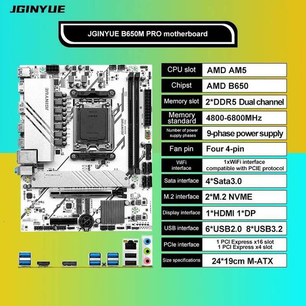 JGINYUE B650M PRO Motherboard AMD AM5 Gaming MATX AMD B650 DDR5 4800 to 6000MHz