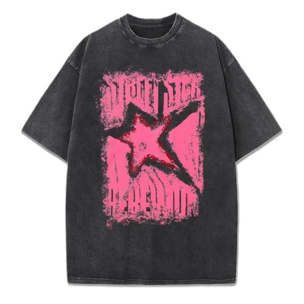 Pink Star Printing Washed T Shirts Women's Hip Hop Cotton T-Shirt O-Neck Oversize Acid Wash Tops Summer Casual Woman Streetwear