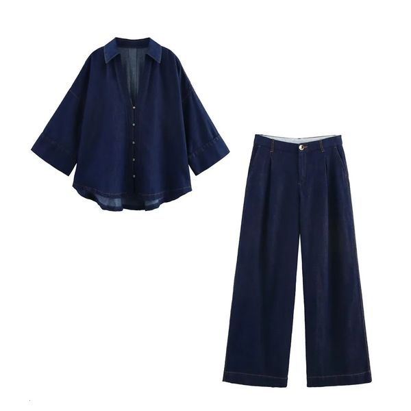 2025 Women Denim Set Loose Fit Button Down Shirt With Wide Leg Pants Fashionable Casual Wear for 251107BANJIA