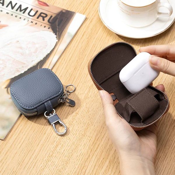 Unisex Women Universal Genuine Leather Key Cover Suitable for Earphone Storage Bag Men's Waist Hanging Protective Case