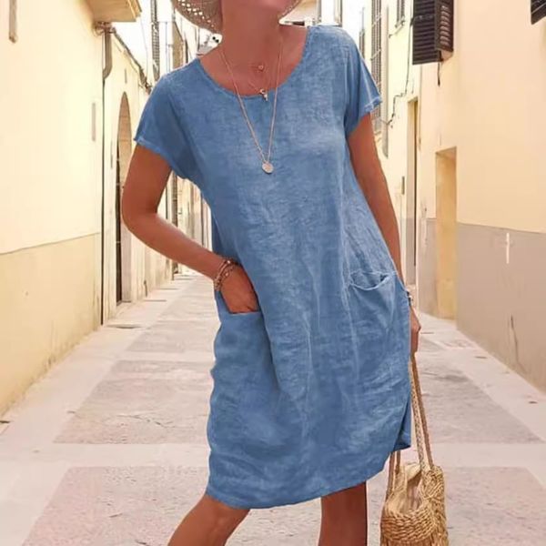 (113) Loose Solid Color Short-sleeved Round Neck Dress