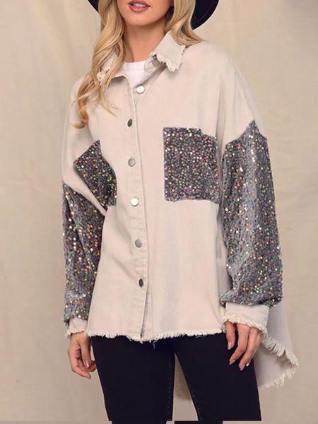 Women's Sequin Patchwork Denim Jacket, Raw Edge Fringe Loose Fit Cotton Coat---…
