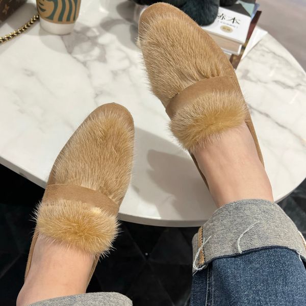 Loafers with Mink Fur, Low Heel Slippers