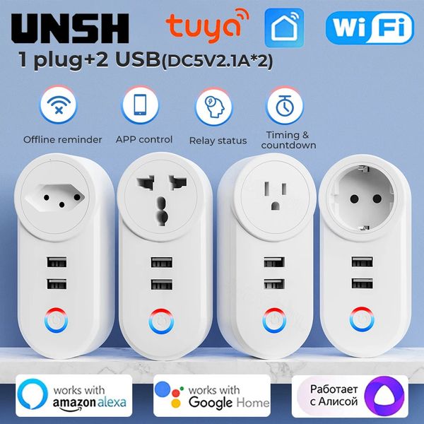 16A Tuya Wifi smart socket, 2 USB charging socket adapters EU USA UK Brazil Plug Smart life control via Alexa Google Home 250417