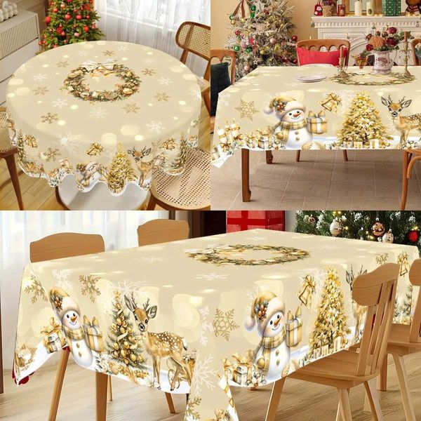 Golden Christmas Snowman Tablecloth Christmas Decorations for Home 2025 Xmas Gifts Navidad New Year 2026 Dining Table CoverM251111