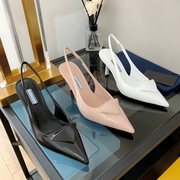Designer Heels Women Sandals Pointed Toes Kitten Heels Dress Shoes Luxury P Triangle Sign Black Matte Leather Sandals 35-41