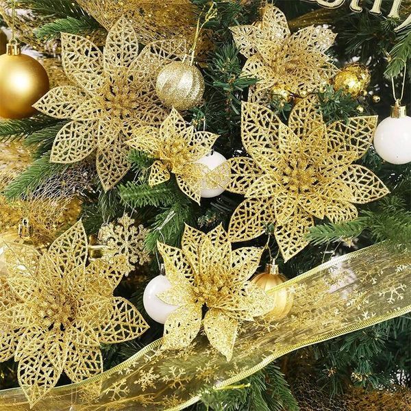 Christmas 5Pcs Glitter Artificial Flowers 8/15CM Fake Flower Xmas Tree Decoration for Home Decor Ornaments New Year Gift Navidad ddmytues