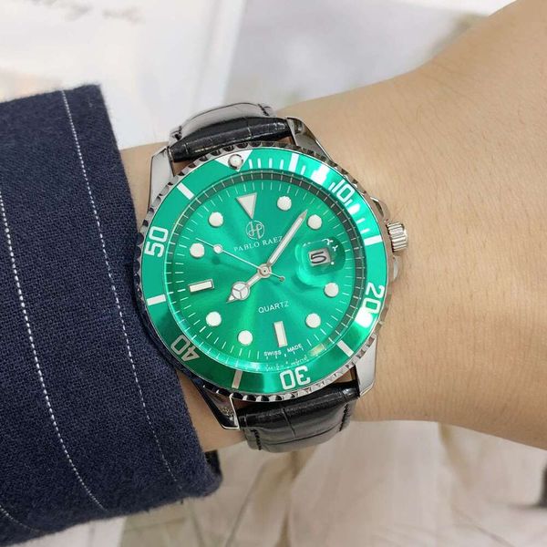 Black and Green Dial Sports Fashion Luminous Men's Leather Strap Quartz Casual Waterproof Watch