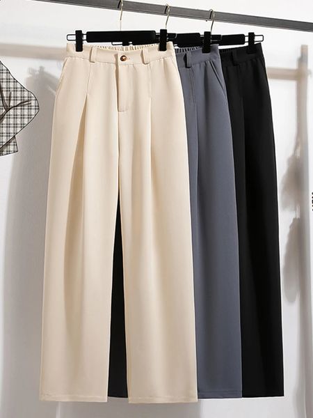 High waisted women's suit pants straight office ladies Korean fashion men's casual button loose women's black pants