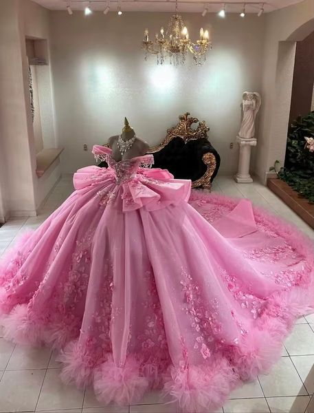Gorgeous Pink Lace Quinceanera Dresses Sequined Bow Off Shoulder Ruched Floor Length Gowns Customized 2026 Vestidos De 15