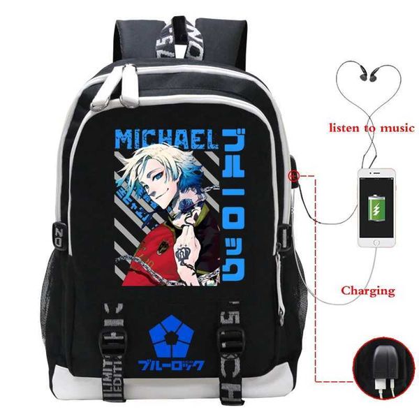 Anime Blue Lock Michael Backpack Teenager Schoolbag USB Laptop Bag Men Women Ru…