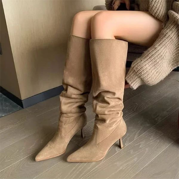 Women Pointed Toe Thin High Heels Ankle Boots Autumn Fashion Pleated Cowboy Women Faux Suede Woman Slip on Western Botas 251113