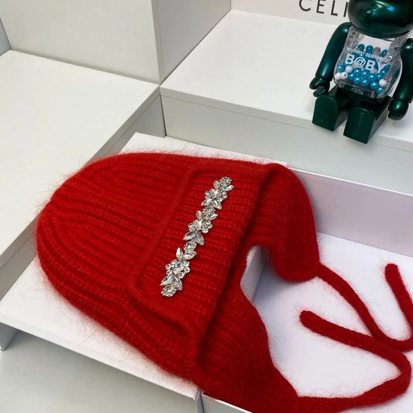 Rhinestones Winter Beanies for Women Real Rabbit Fur Womens Knitted Hat Ear Protection Lady Warm Walking Bonnet Beanie 251112