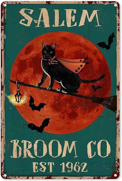 Metal Poster Plaque Witchy Art Prints Black Cat Witch Broom Vintage Tin Sign Fo…