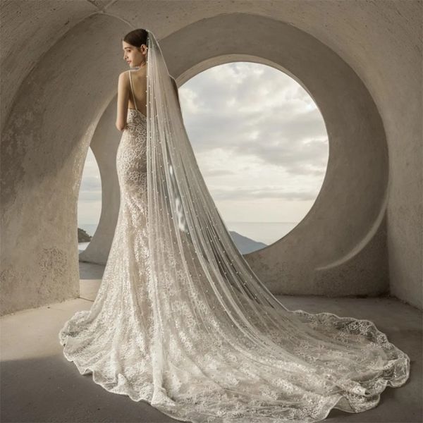 White Ivory Cathedral Length Tulle Pearls Beaded Bridal Veils 3M Long One Layer Brides Veil With Comb Wedding Accessories