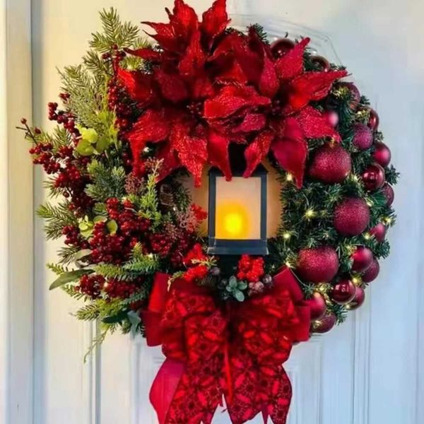 2025 Christmas Garland Luminous Simulated Flower Wreath Pendant Lovely Gloves Shaped Door Sign Navidad New Year Party DecorationM251115