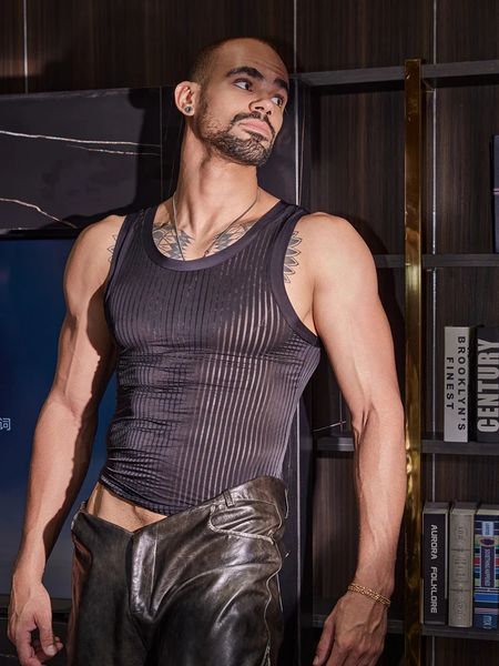 Sexy mens striped thin vest transparent see through mens vest ultra tight sleeveless sexy lingerie transparent vest mens Tshirt 250411
