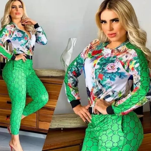 Zipper Two Piece Sets Tracksuit Women Fashion Printed Zipper Jacket and Pants Set Free Ship