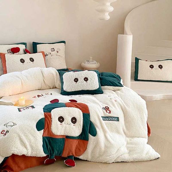 Winter Cartoon Cute Style Double-sided Buvet Cover Thickened Lamb Fleece Four Piece Set Coral fleece Duvet Cover Plush BeddingM251118