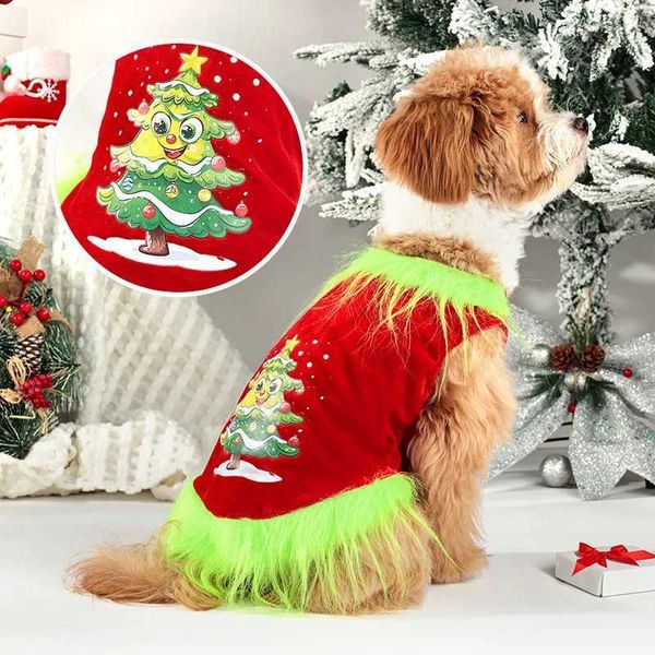 Christmas Tree Furry-Trim Dog Vest Velvet Warm Holiday Shirt Red/Green Funny Fringe Sizes SXL for Small Medium DogsM251118