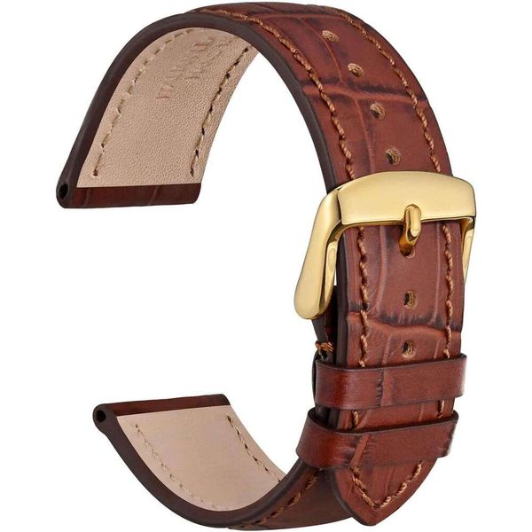 WOCCI 20mm Watch Band, Italian Leather, Embossed Alligator Grain, Gold Buckle Brown