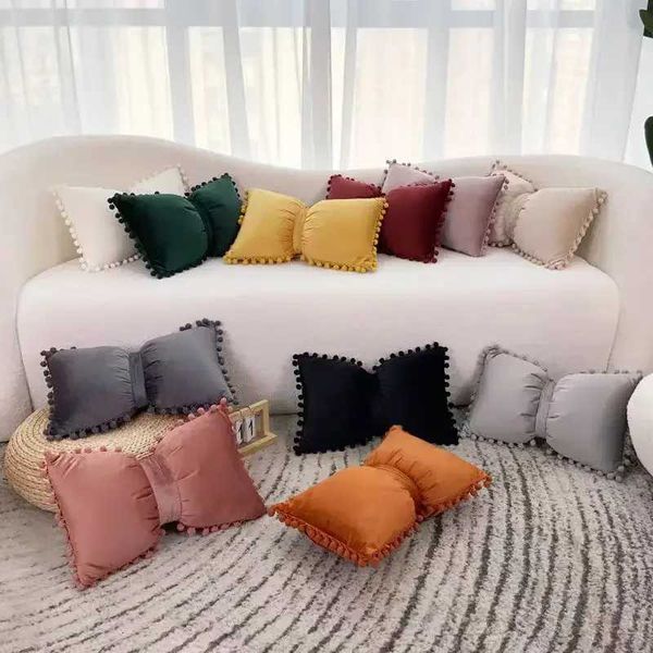 Velvet Bows Pompom Cushion Cover Decorative S Throw Case So…