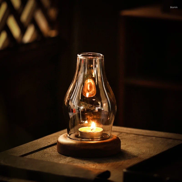 Candle Holders Transparent Glass Holder With Wooden BaseRetro Windproof Tealight Cup Minimalist Rustic Boho Scandinavian Home Decor K260207