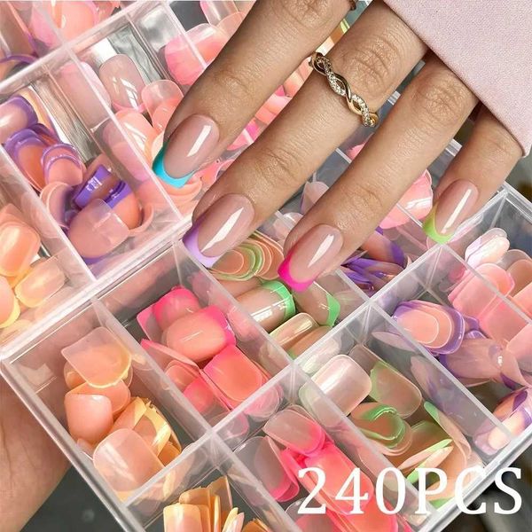 240PCS Candy Color French Short Square False Nails Pink/Green/Purple Full Cover Macarons Press On Nails DIY Artificial ManicureT251118T251119