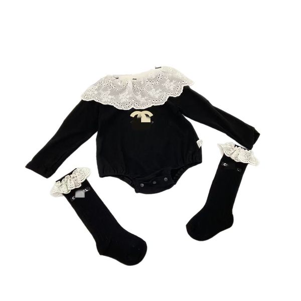 New Hot Selling Designer Girls Infant Autumn Jumpsuit Lace Collar Infant and Toddler Coverall Baby Romper Autumn Clothes with Socks 656565