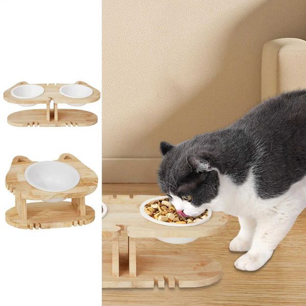 Tilted Cat Feeding Bowls Elevated Non-Slip Pet Feeding Dishes With Wood Stand Raised Tilted Cat Feeder For Indoor HouseholdM251121