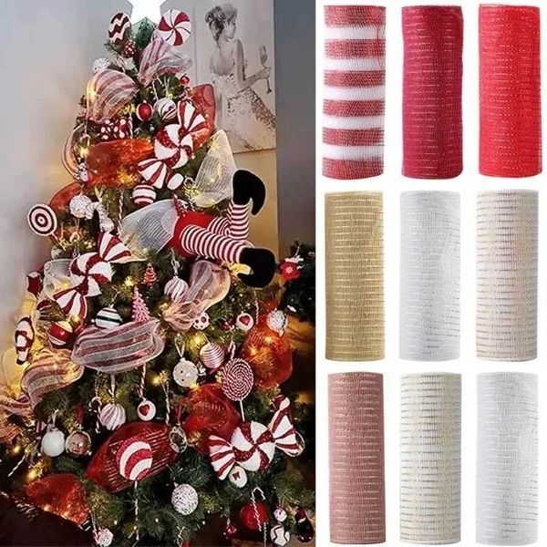 Merry Christmas Decoration Ribbon Christmas Tree Ornament Mesh Tulle Roll Fabric Pendant for Home Xmas Gifts New Year 2026 DecorW251121