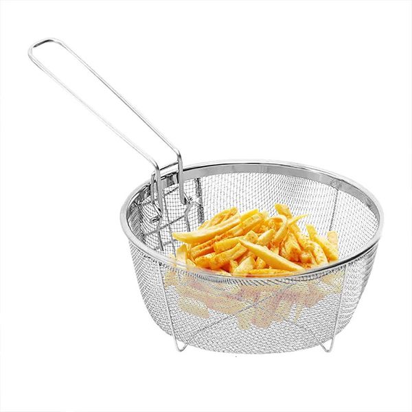 French Chip Frying Strainer Basket Stainless Steel Deep Fry Basket Kitchen Round Fryer Wire Mesh With Handle Wire Colander Nets 250421BJ