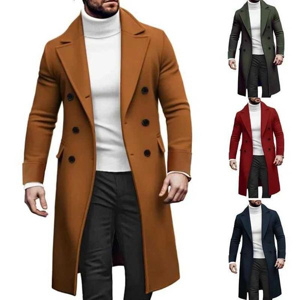 Men's Knee Length Wool Blends Coat Turn Down Collar Wool Blends Double Breasted Jackets Open Stitch Autumn Winter Jackets