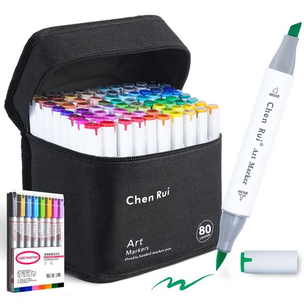 486080120 Colors Dual Tip Brush Chisel Permanent Art Marker Pens with Base Outline Markers Drawing Supplies Kit-Refillable 250422