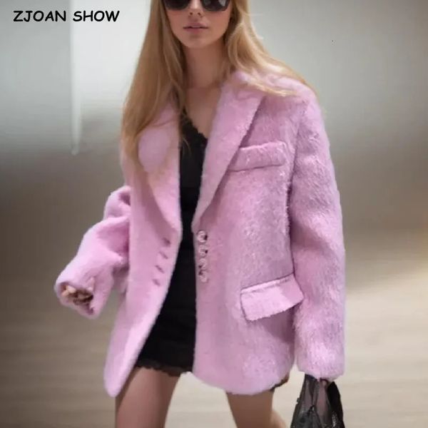 2024 Streetwear Long Hairy Shaggy Blazer Boyfriend Vintage Women Front Pockets Loose Oversized Suit Fashion Coat Pink 4 colors 251124BANJIA