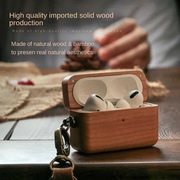 Solid Luxury Wood Earphone Case for AirPods Pro 2 Protective Cover for AirPods 1/2/3/4 Gen ShellWrist Strap Cowhide LanyardW251125