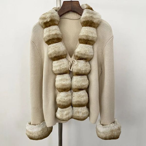 OFTBUY 2025 Spring Autumn Faux Fur Jacket Women Oversized Loose Knitted Cardigan Female Fake Fur Knitwear Lady Knit Clothing 251124