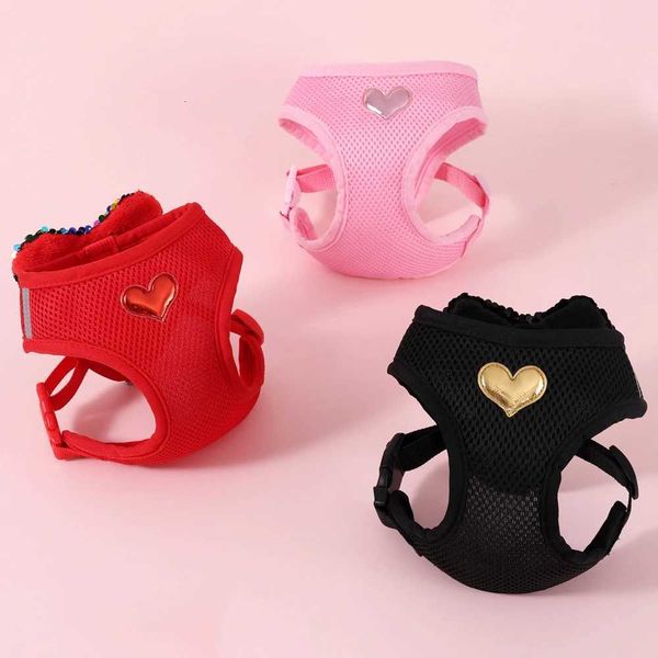 Breathable Medium Cat Harness Leash Set Adjustable Small Dog Harness Vest Sequined Cute Heart Cat Leash Set With Storage BagM251126