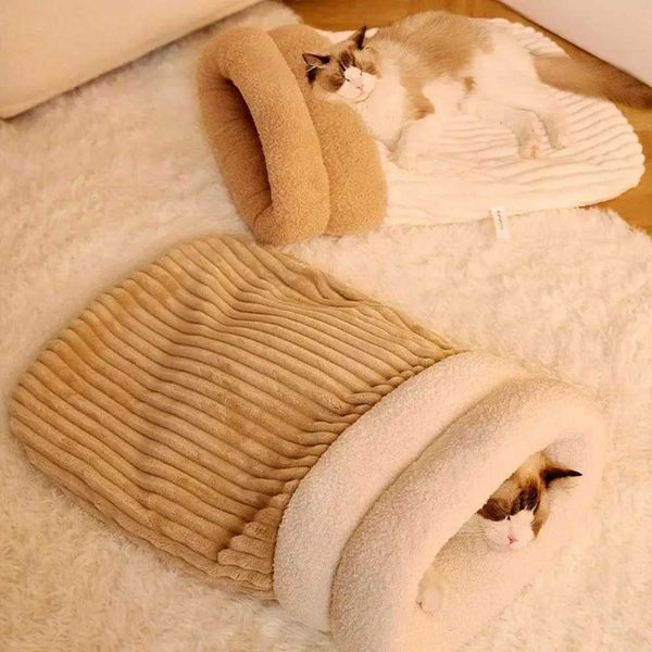 Cat Bed Winter 2024 Winter Cat Sleeping Bag for Cats Soft Plush Sleep Zone Cuddle Cave Warm Bed for Cats Mini Dogs WashableM251127