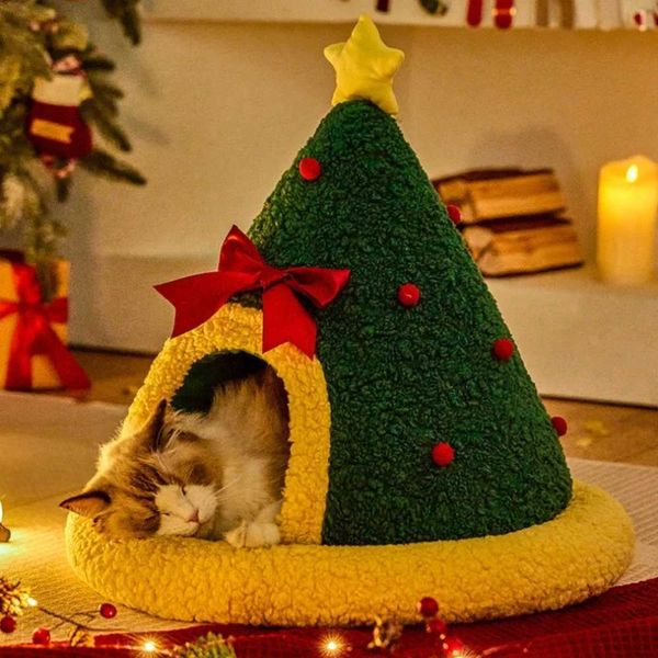 Christmas Tree Triangle Nest Cat And Dog Nests Semi Closed Cats Hole Christmas Sock Nest New Year Pet Warm Bed Pets Accessoriesm251127-image